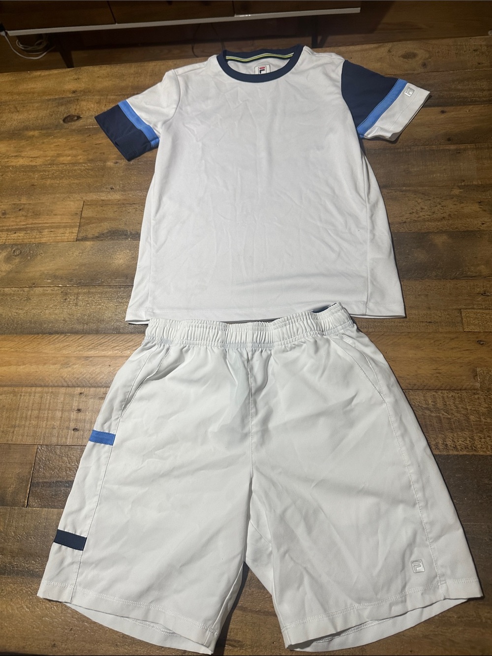 FILA White Tennis /Athletic Tee & Shorts Set with Blue Accents. Boys Size Medium